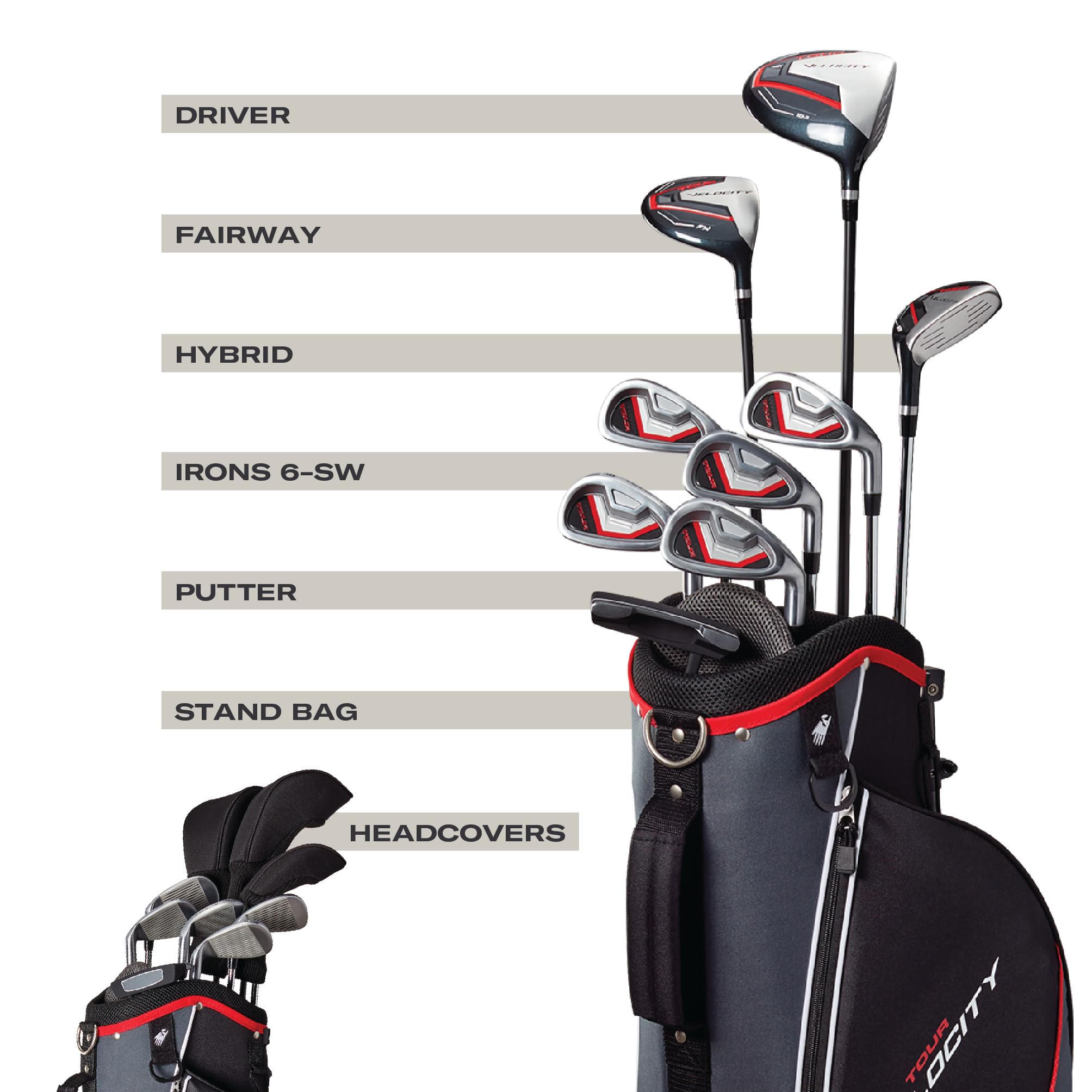 GolfDrive Tour Velocity Complete Golf Set with Stand Bag - Men's Right Hand, Regular Flex, Black/Red